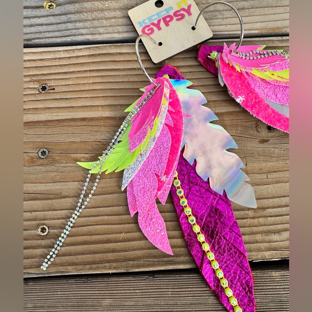 Keep It Gypsy Long Feather Earrings – Neon Pink & Yellow Western Boho Cowgirl - Picture 2 of 7